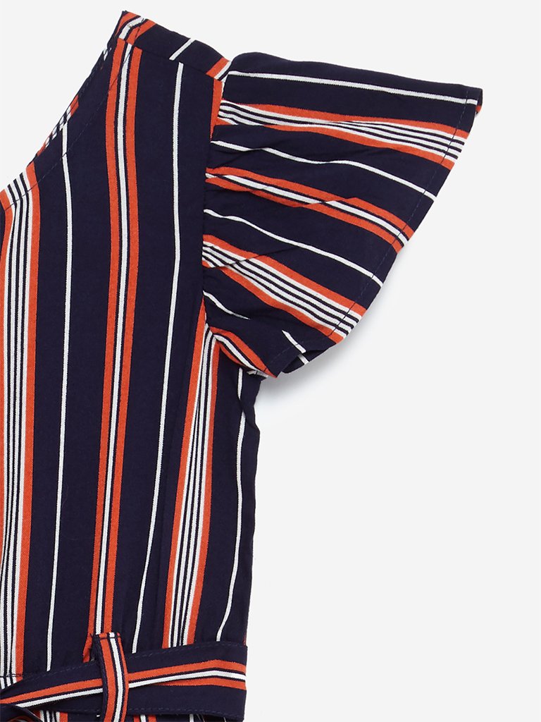 HOP Kids Navy Ray Striped Cold-Shoulder Jumpsuit