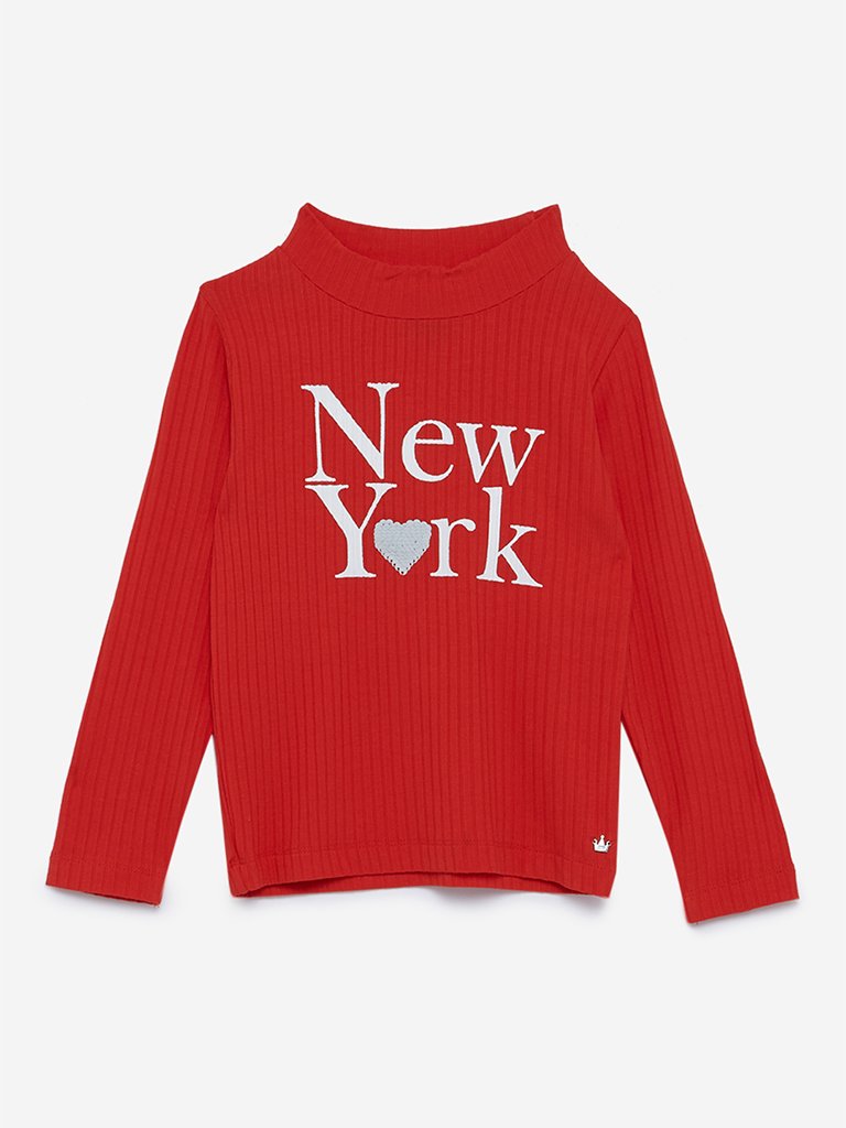 HOP Kids Dark Orange Text Printed Turtleneck Top