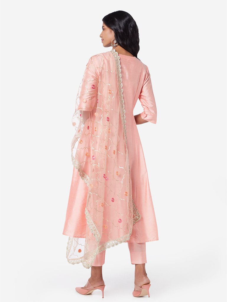 Vark Peach Anarkali Kurta And Floral Dupatta Set