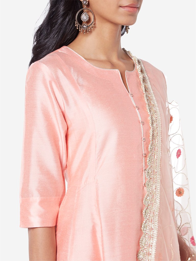 Vark Peach Anarkali Kurta And Floral Dupatta Set
