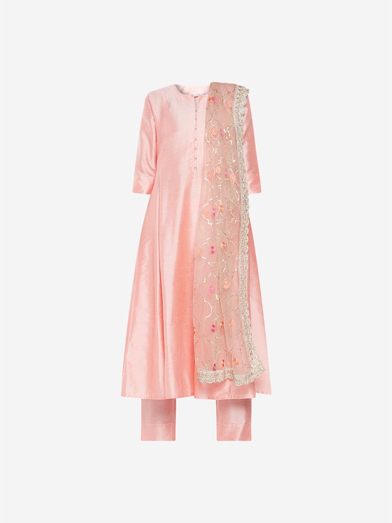 Vark Peach Anarkali Kurta And Floral Dupatta Set