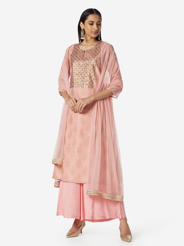 Vark Pink A-Line Kurta, Palazzo And Dupatta Set