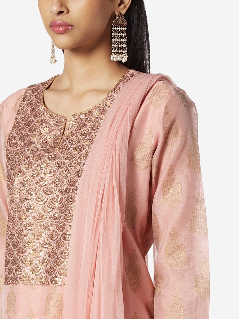 Vark Pink A-Line Kurta, Palazzo And Dupatta Set