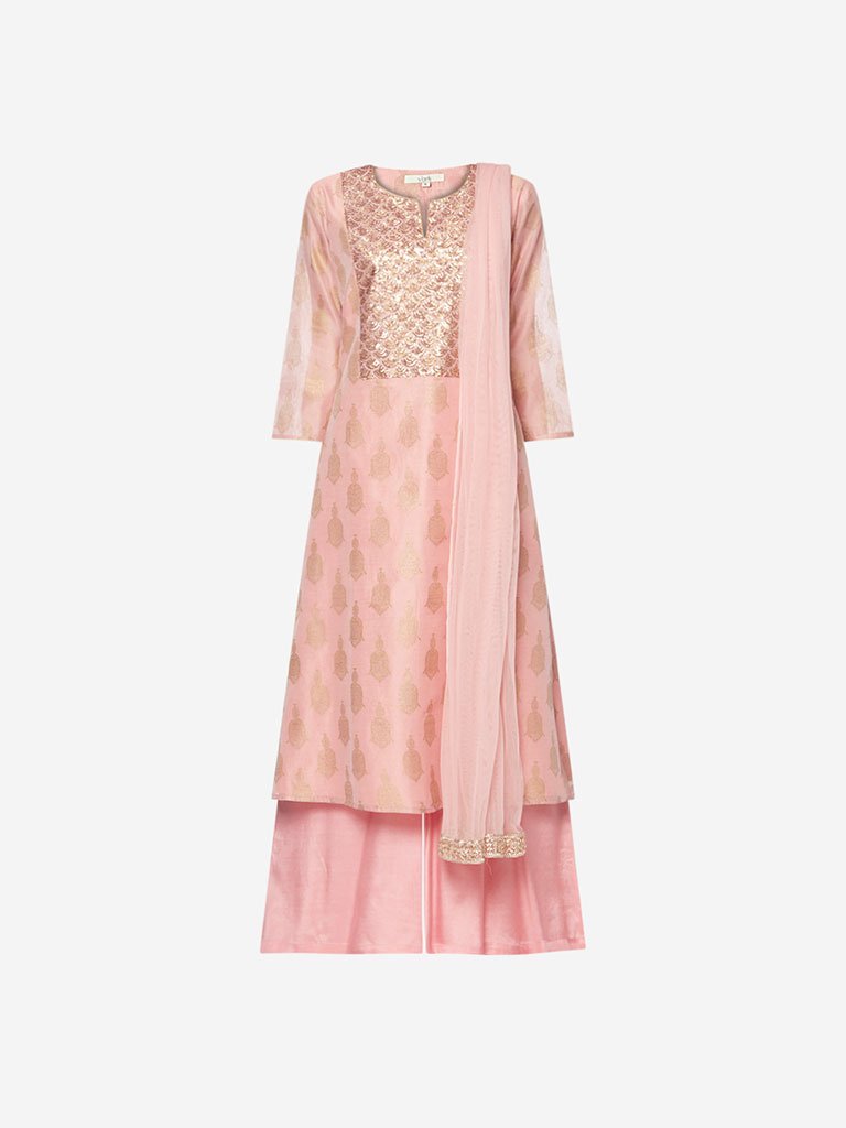 Vark Pink A-Line Kurta, Palazzo And Dupatta Set