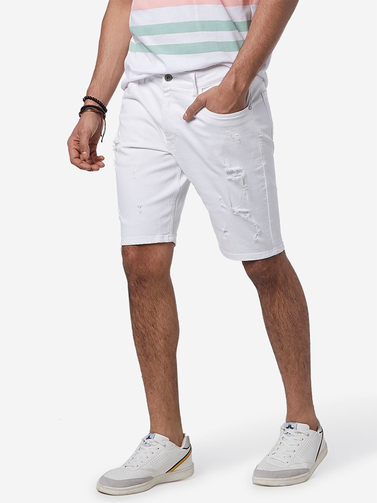 Nuon White Distressed Slim Fit Hendrix Shorts