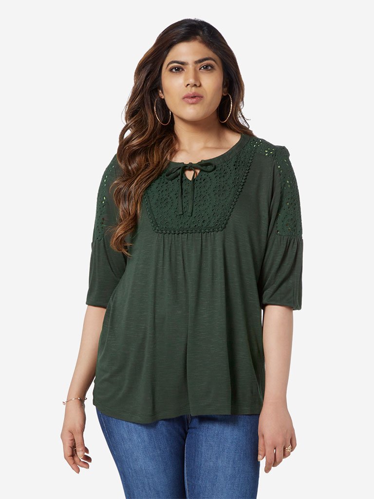 Gia Curve Olive Crochet Detail Top
