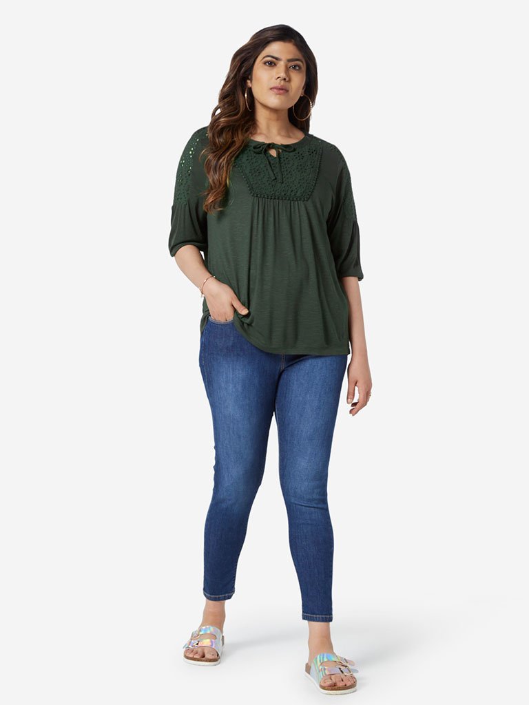 Gia Curve Olive Crochet Detail Top