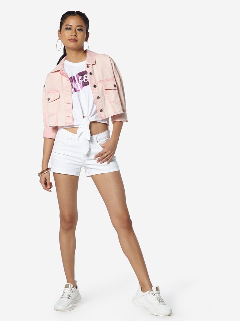 Nuon White Erica Text Printed Cropped T-Shirt