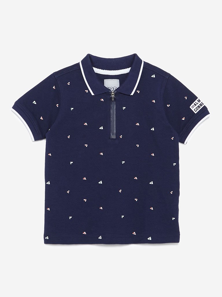 HOP Kids Navy Kite Printed Polo T-Shirt