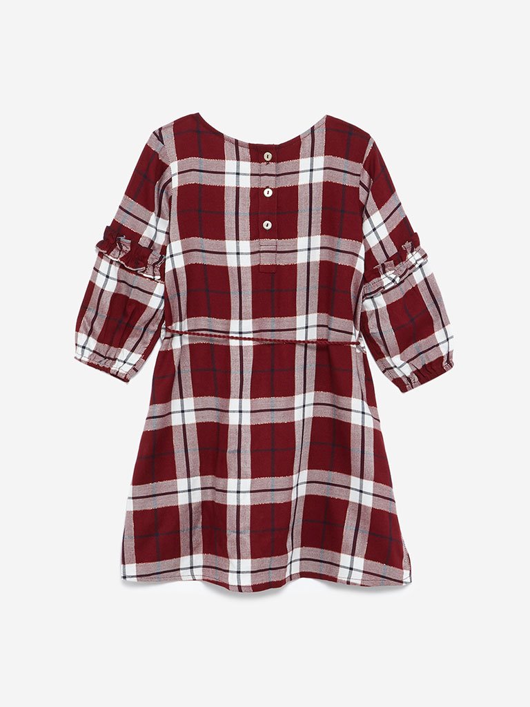HOP Kids Burgundy Checked Naira Dress With Belt
