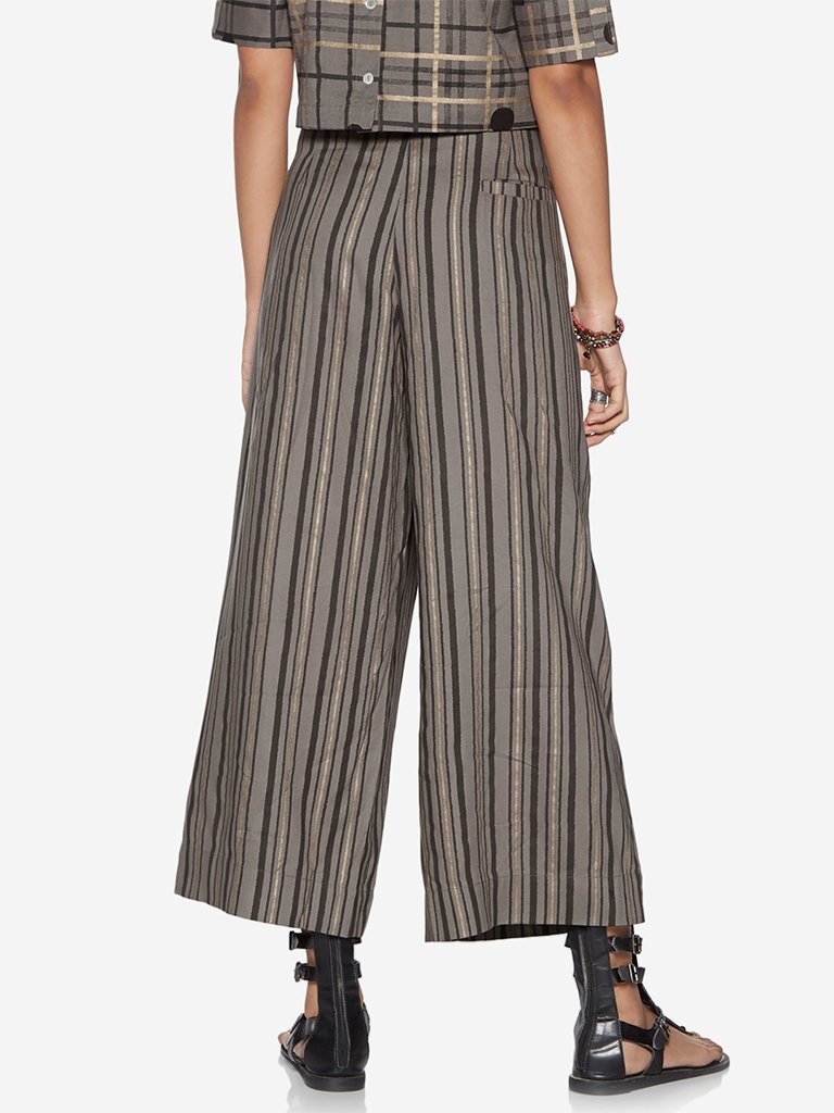 Bombay Paisley Grey Striped Palazzos With Belt