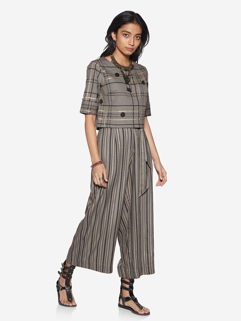 Bombay Paisley Grey Striped Palazzos With Belt