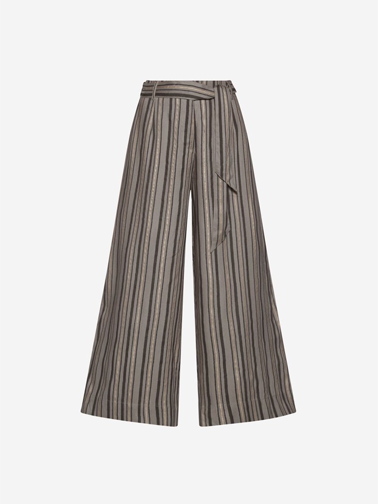 Bombay Paisley Grey Striped Palazzos With Belt