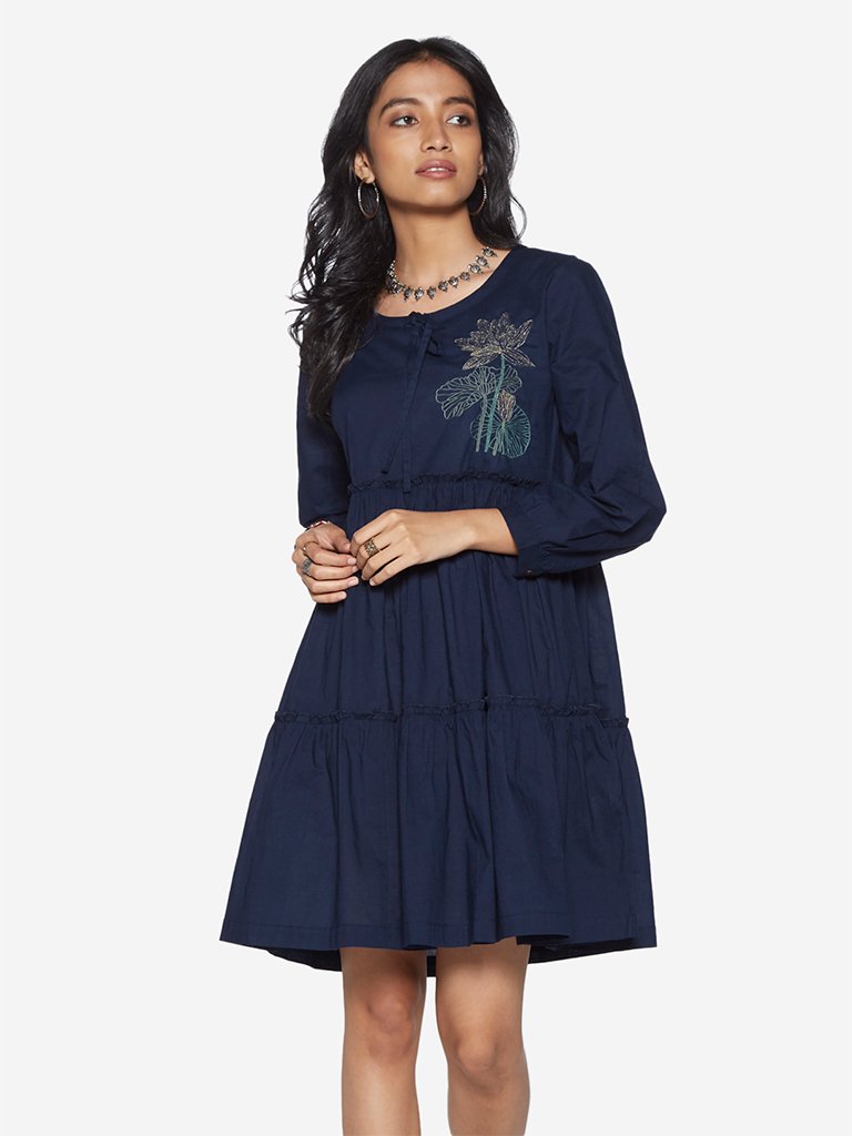 Bombay Paisley Navy Tiered Pure Cotton Dress