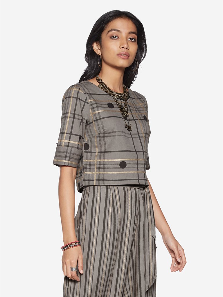 Bombay Paisley Grey Checkered Crop-Top