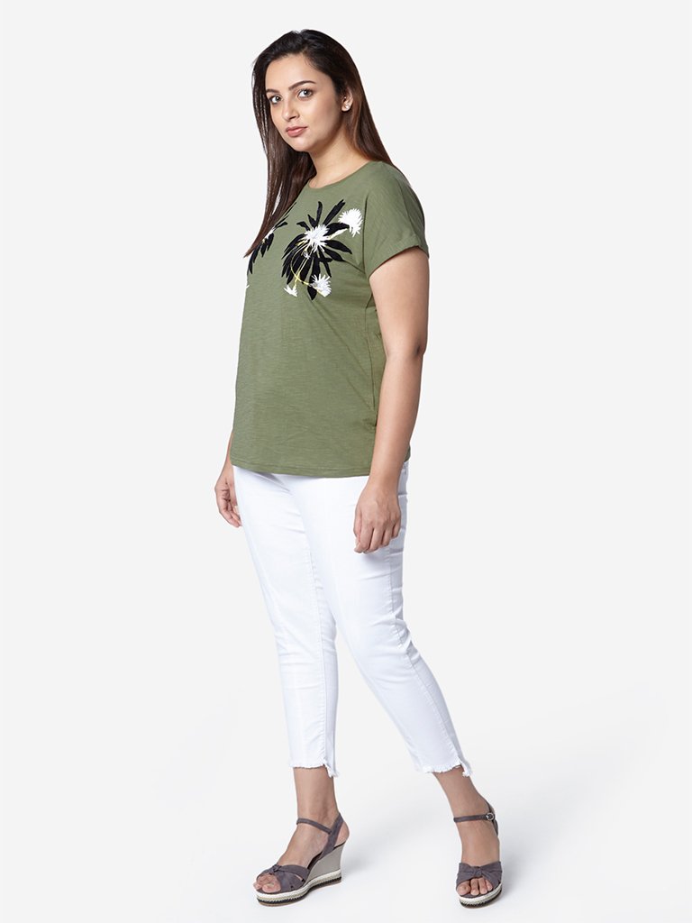 Gia Curve Olive Floral Patterned Bella T-Shirt