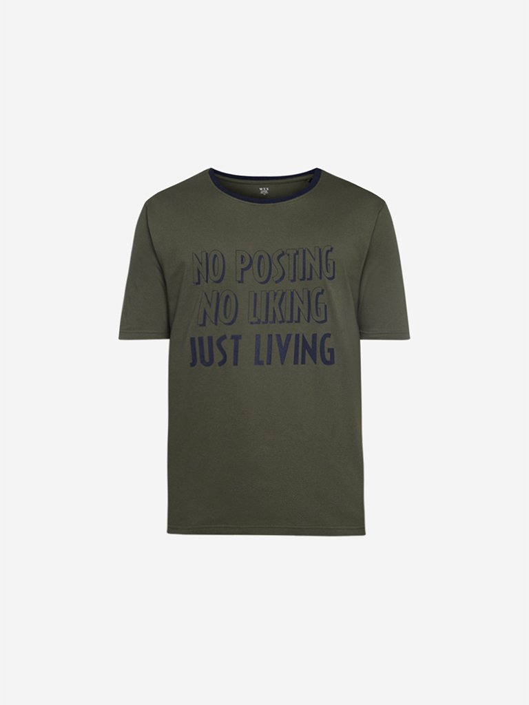WES Lounge Olive Printed Relaxed Fit T-Shirt