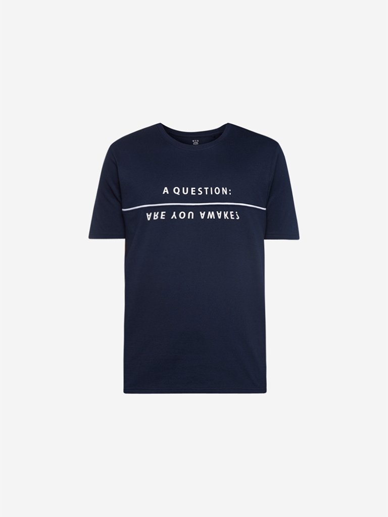WES Lounge Navy Text Print Relaxed Fit T-Shirt