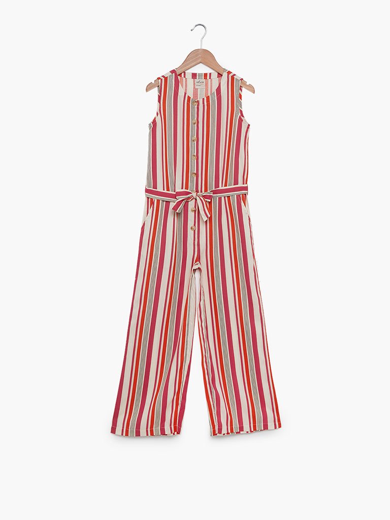 Utsa Kids Multicolour Striped Jumpsuit With Belt