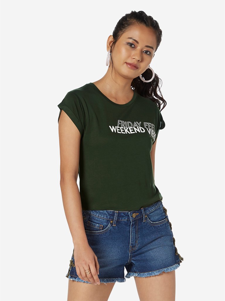 Nuon Khaki Crewneck Text Print T-Shirt