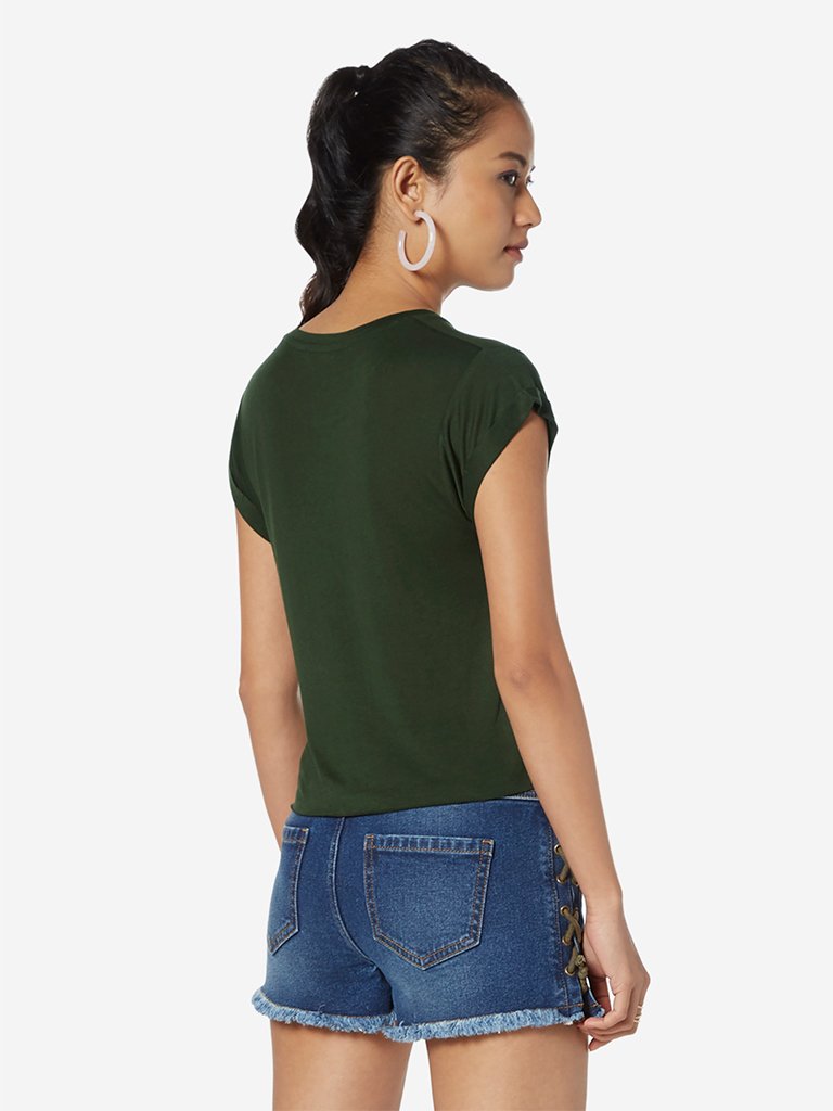 Nuon Khaki Crewneck Text Print T-Shirt