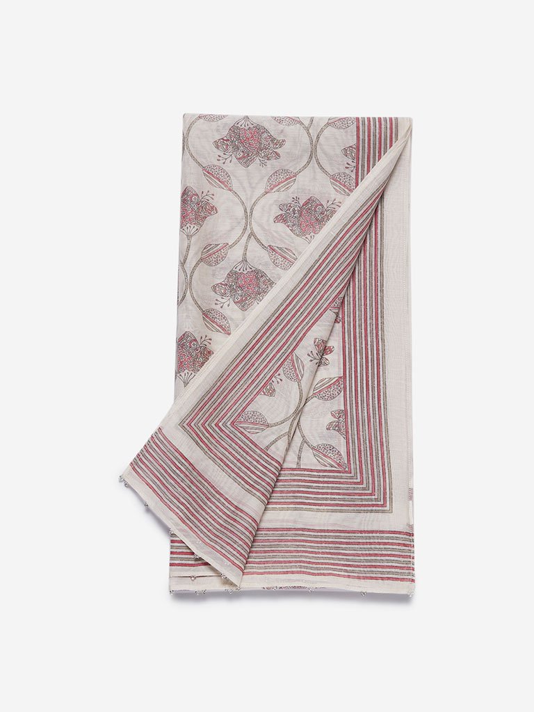 Zuba Light Grey Printed Cotton-Silk Stole