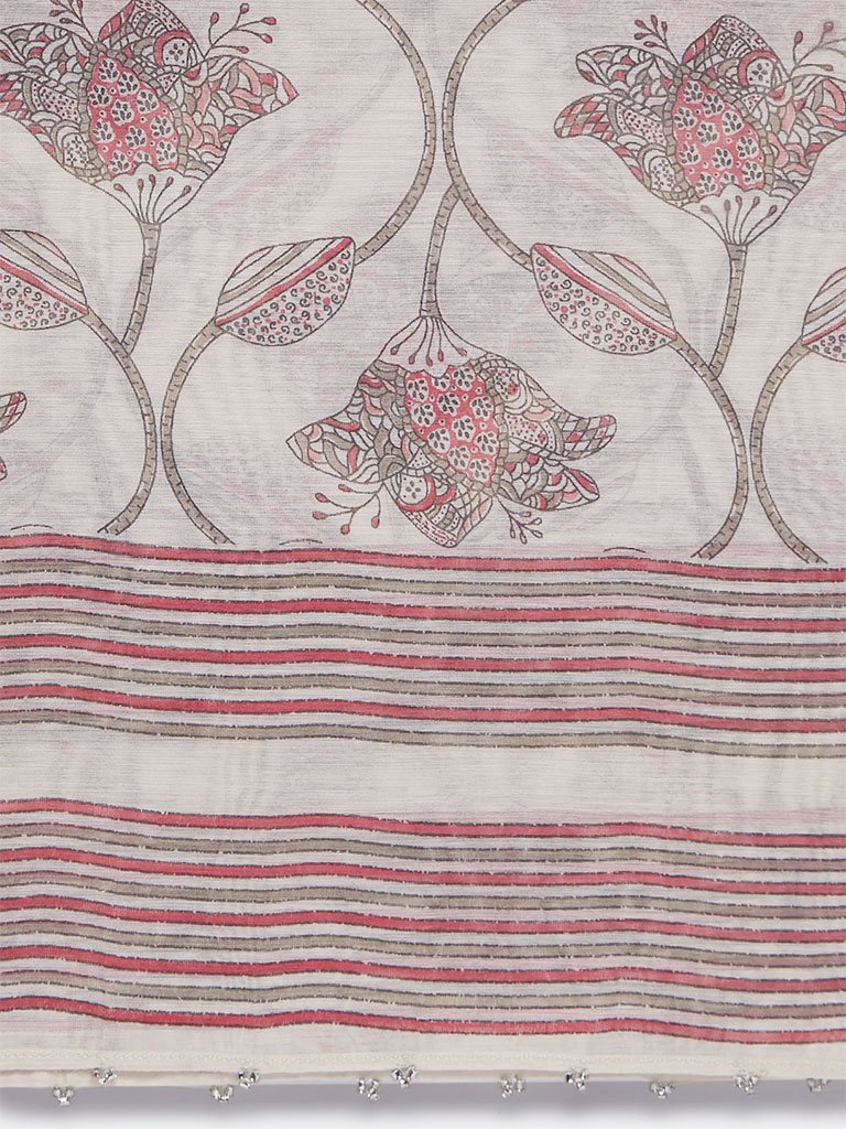 Zuba Light Grey Printed Cotton-Silk Stole