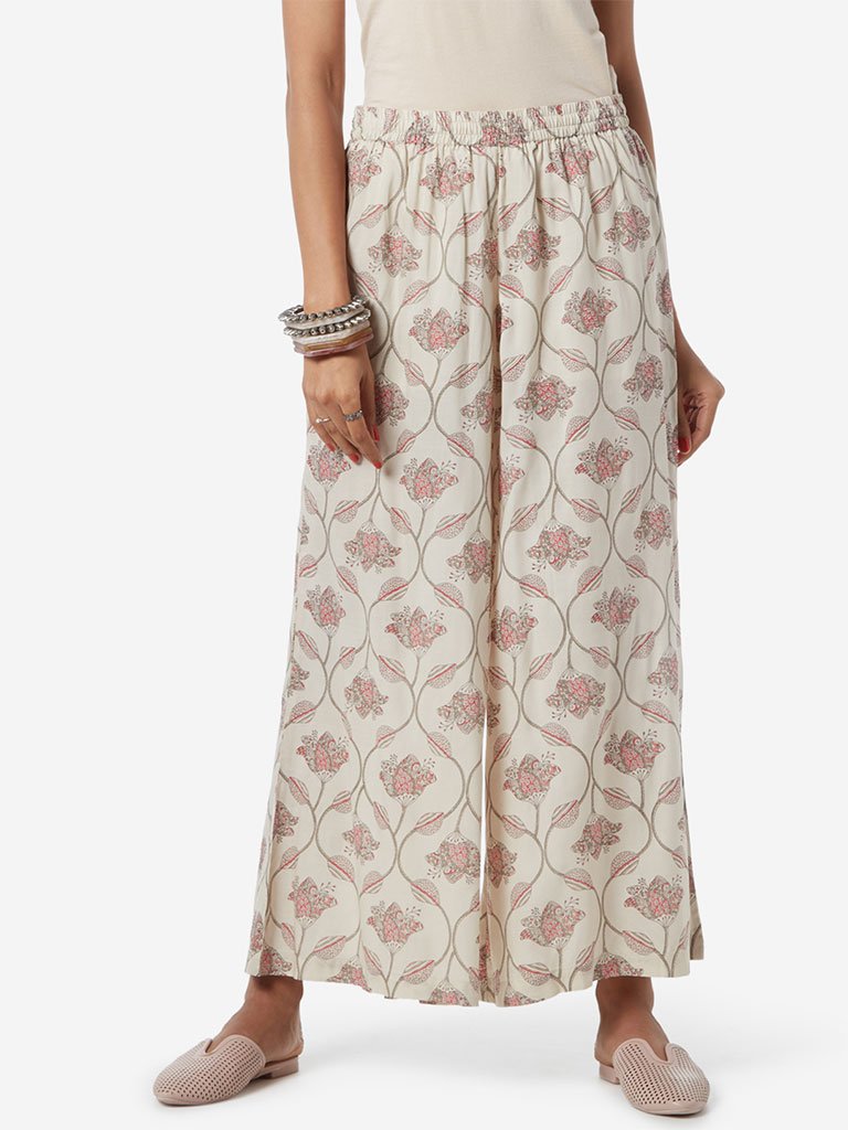 Zuba Light Grey Floral Flared Palazzos