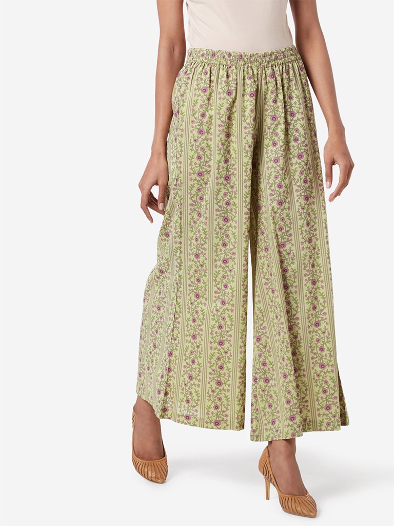 Zuba Lime Floral And Leaf Printed Palazzos