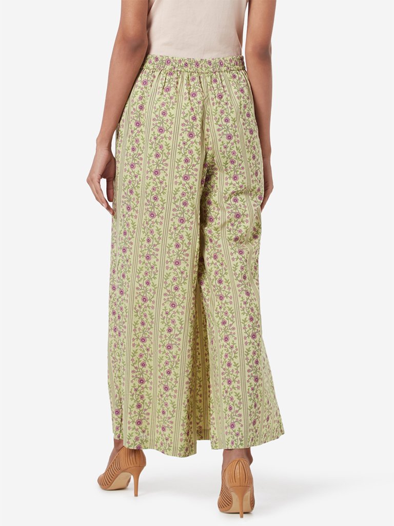 Zuba Lime Floral And Leaf Printed Palazzos