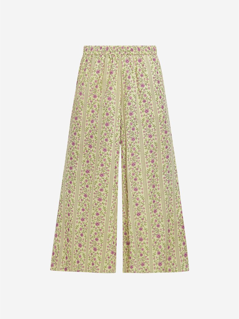 Zuba Lime Floral And Leaf Printed Palazzos