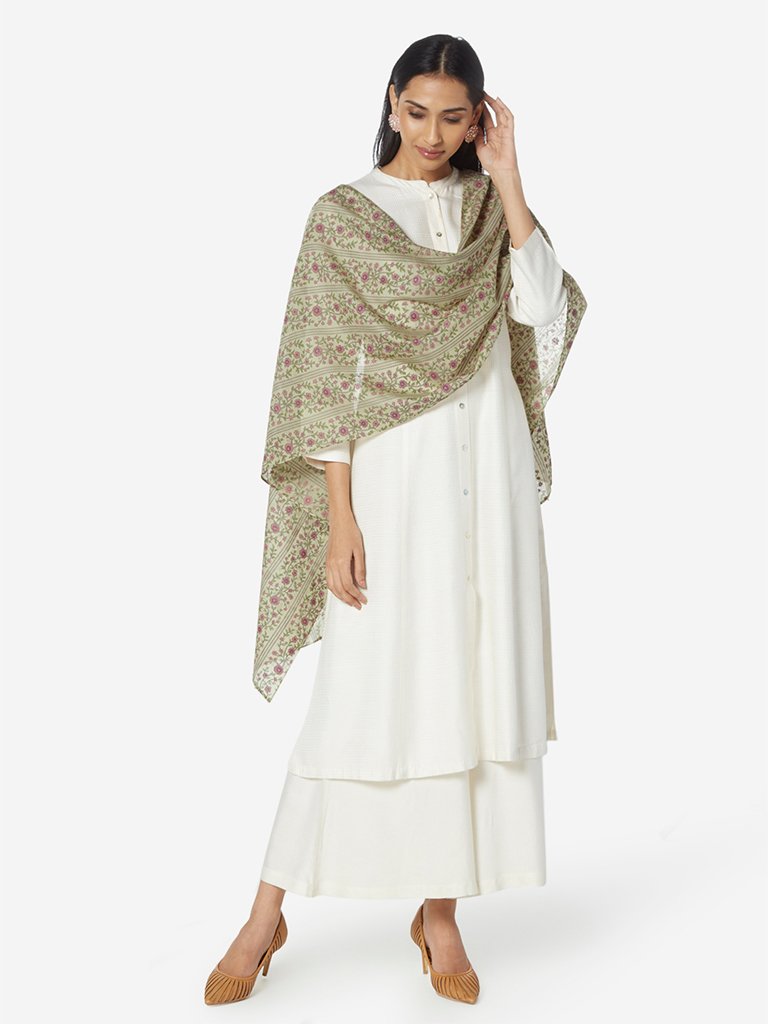 Zuba Lime Floral Print Cotton-Silk Stole
