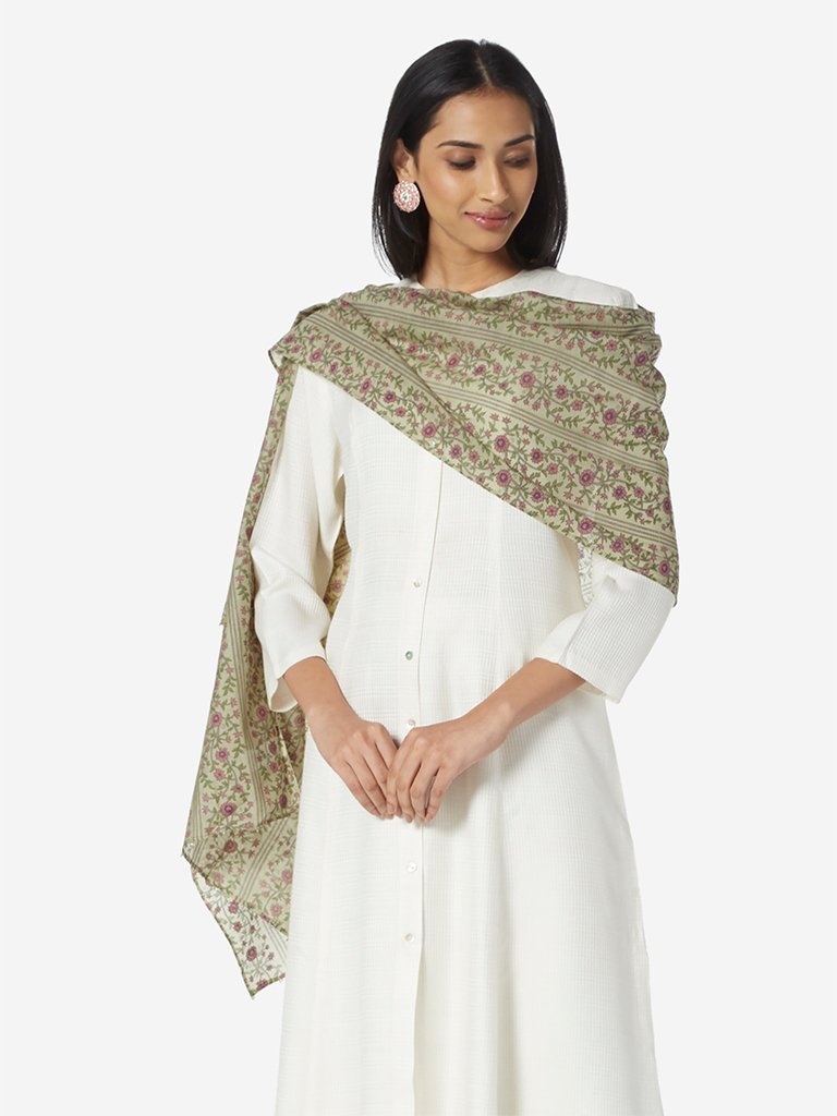 Zuba Lime Floral Print Cotton-Silk Stole