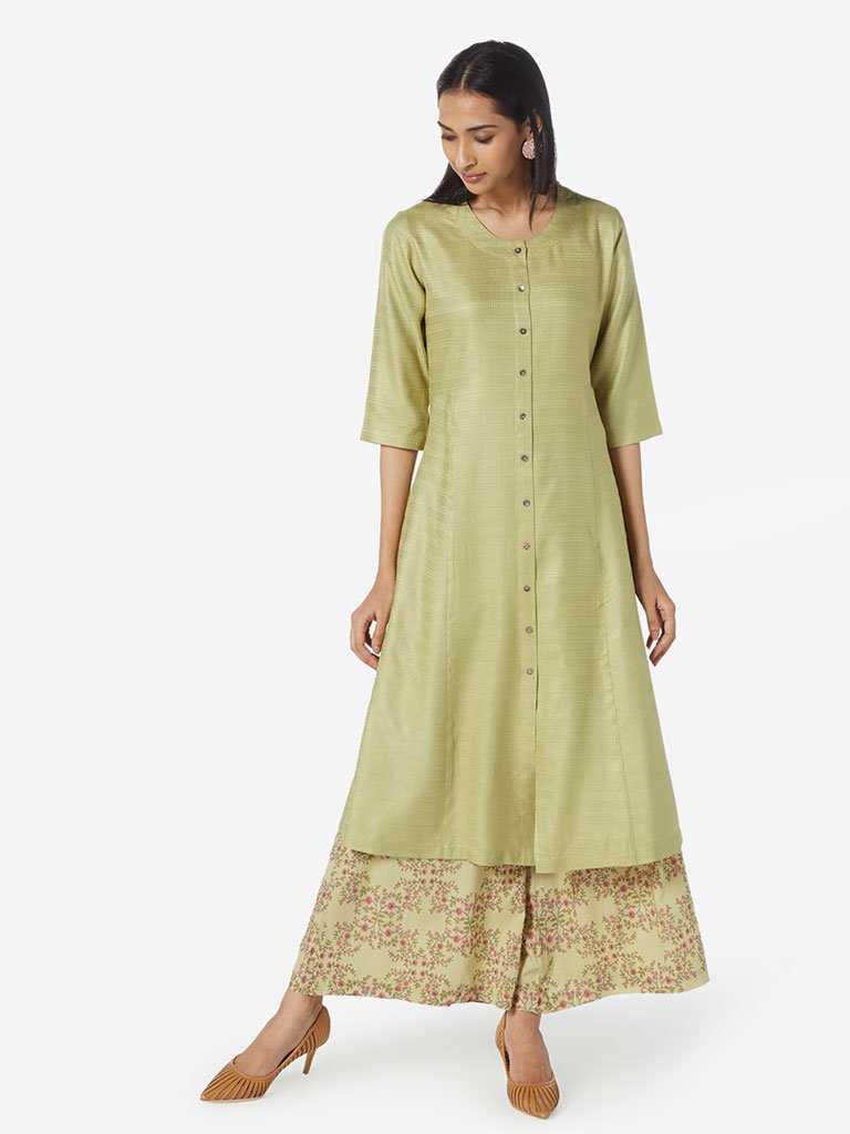 Zuba Light Green Self-Textured A-line Kurta