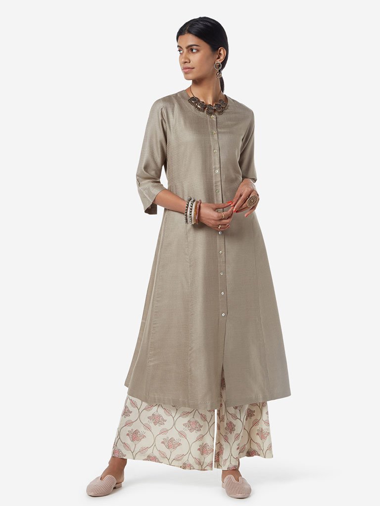 Zuba Grey Self-Textured A-line Kurta