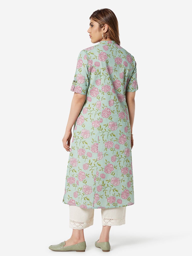 Diza Curve Mint Green Floral Pattern Straight Kurta