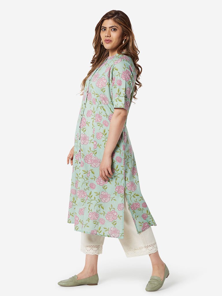 Diza Curve Mint Green Floral Pattern Straight Kurta