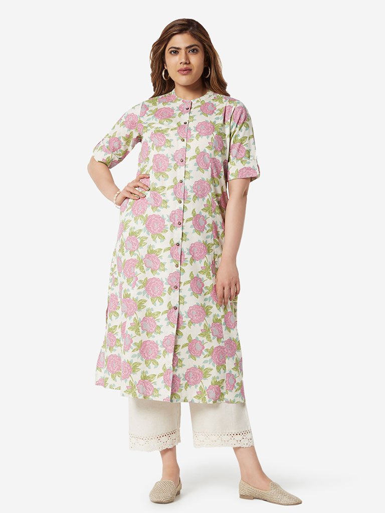 Diza Curve Pink And White Floral A-Line Kurta