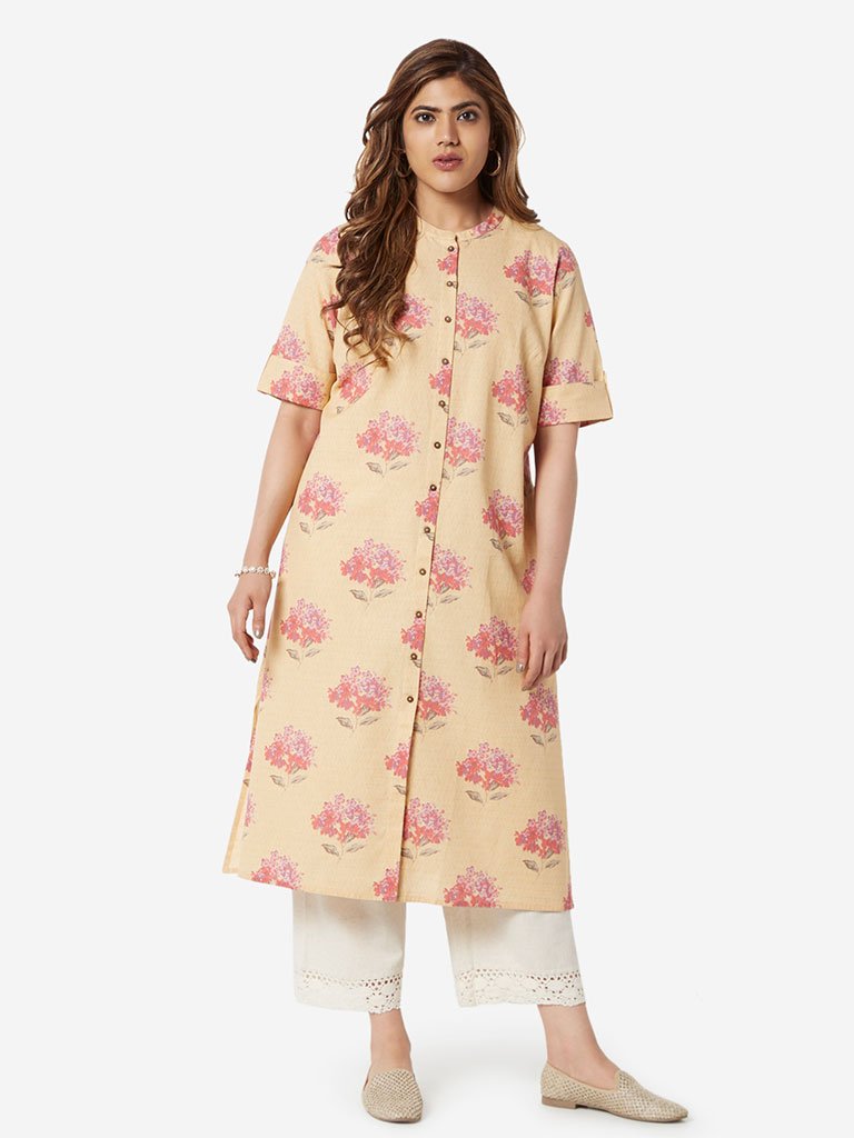 Diza Curve Yellow Floral Patterned A-Line Kurta
