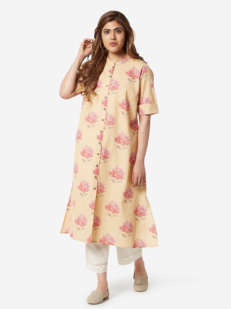 Diza Curve Yellow Floral Patterned A-Line Kurta