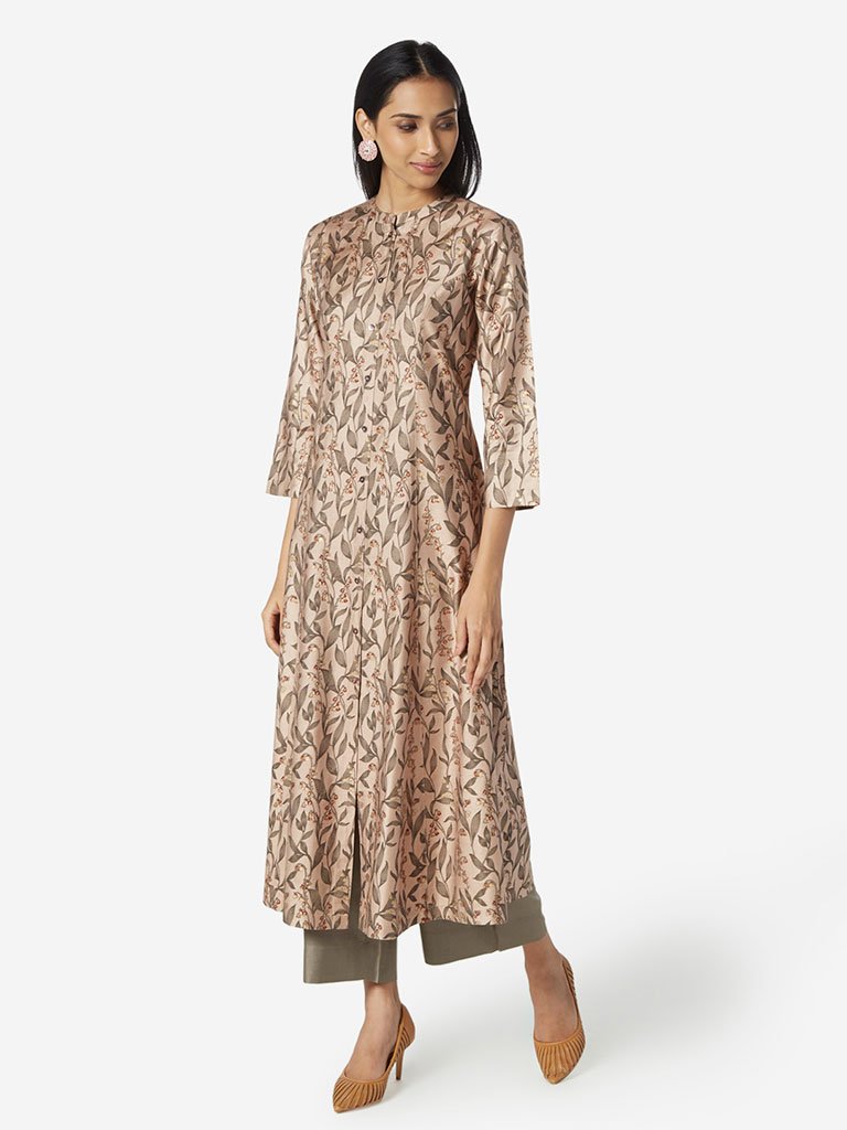 Zuba Light Brown Floral Print A-line Kurta