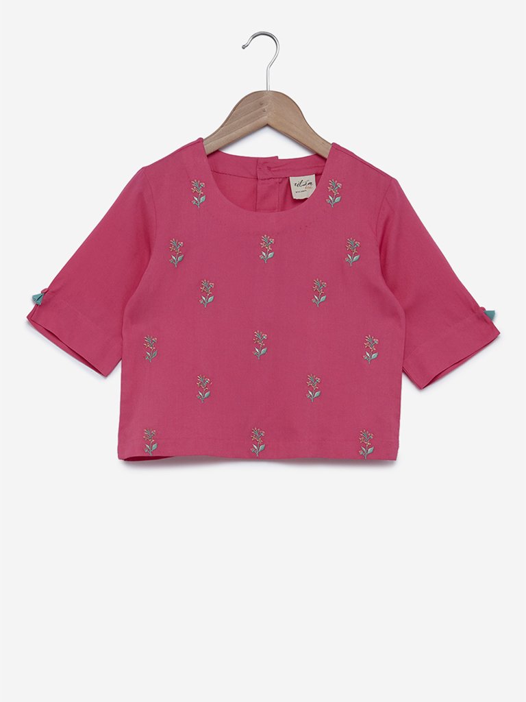 Utsa Kids Pink Floral Embroidered Crop-Top