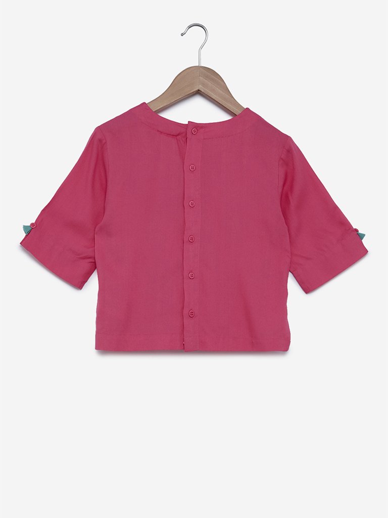 Utsa Kids Pink Floral Embroidered Crop-Top