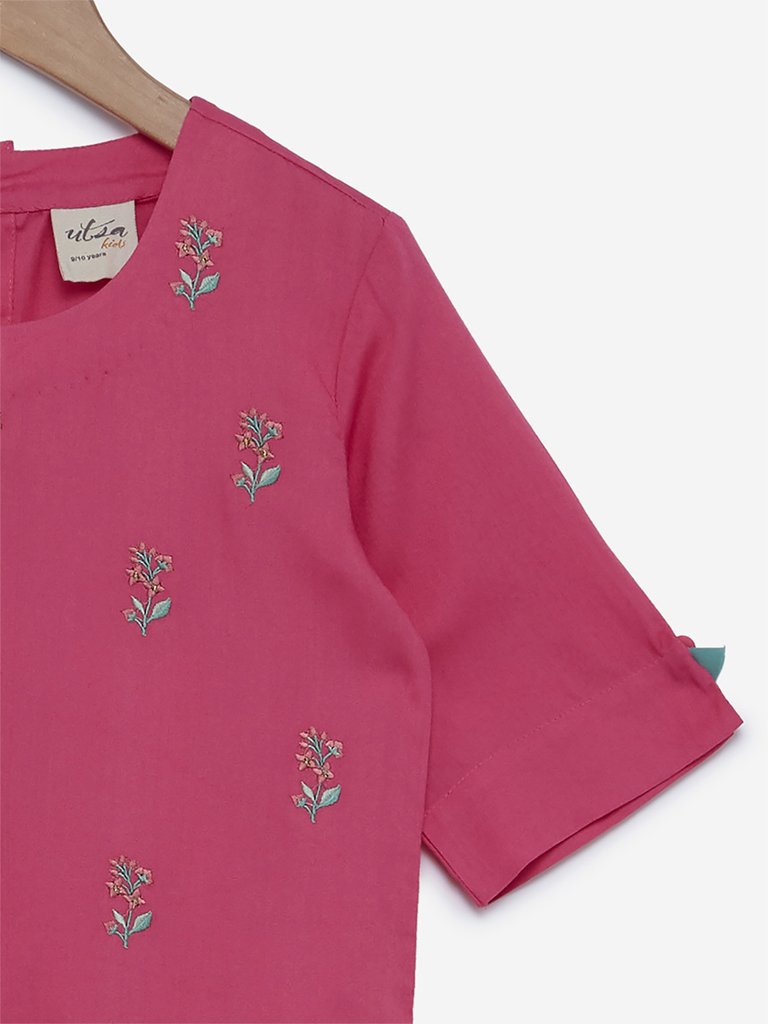 Utsa Kids Pink Floral Embroidered Crop-Top