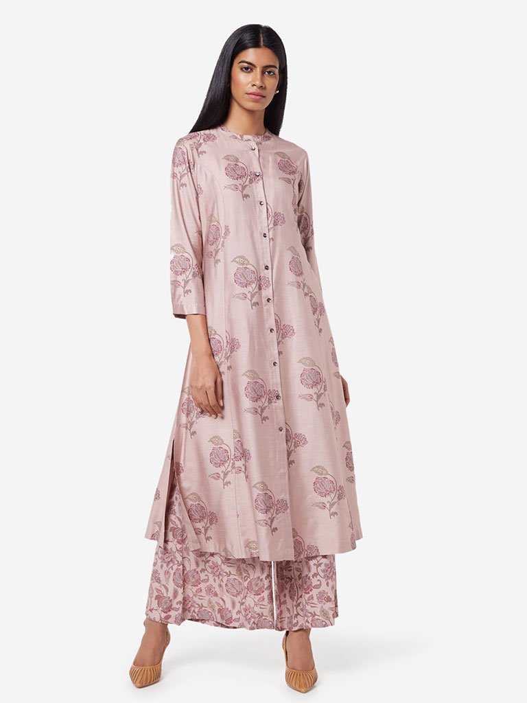 Zuba Lilac A-Line Silk Blend Floral Kurta