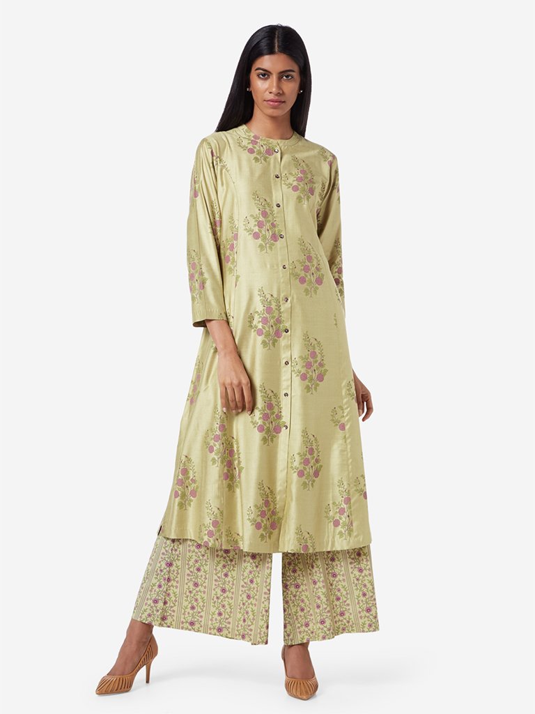Zuba Lime Floral Printed A-Line Kurta