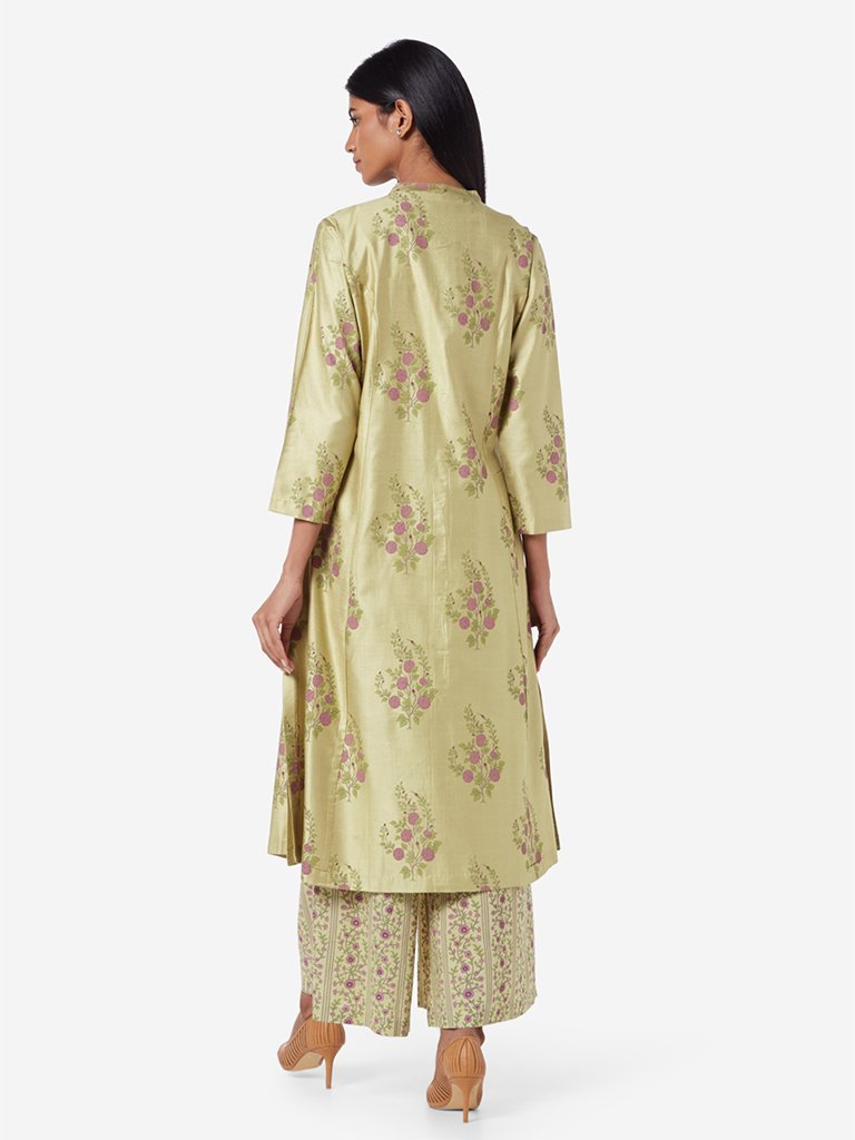 Zuba Lime Floral Printed A-Line Kurta