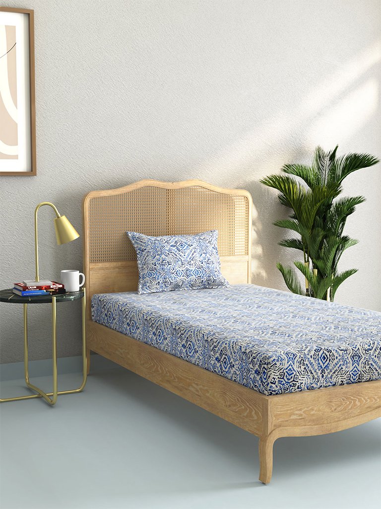 Westside Home Blue 210 TC Sateen Single Bedsheet With Pillowcase