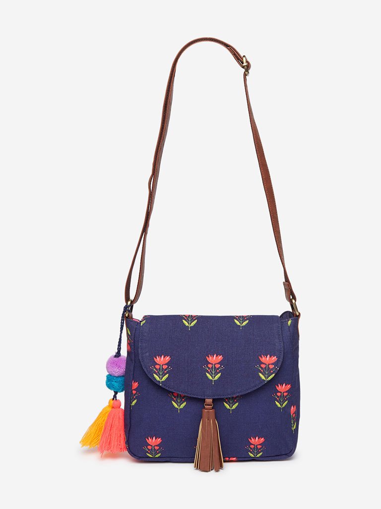 Westside Navy Floral Print Kamal Saddle Sling Bag