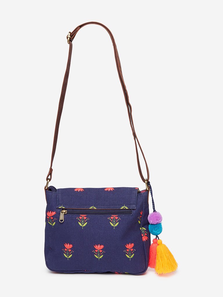 Westside Navy Floral Print Kamal Saddle Sling Bag